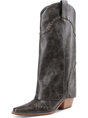 Women Shark Boots Knee High Grey Cowgirl Fold Over Chunky Heel Snip Toe Pull On